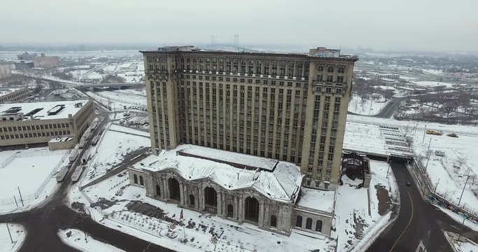 Abandoned Train Station Detroit Michigan Aerial 4K