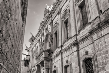 Black and White - Ancient streets of the medieval capital city of Mdina, Malta.  Europe