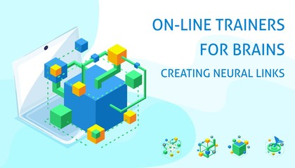 Obraz premium Isometric icon neural connections of the human brain, online simulators for the development of memory, attention, concentration, thinking, speed reading
