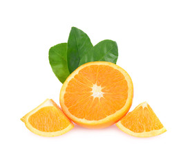 Slices Orang fruit with leaves isolated on white background