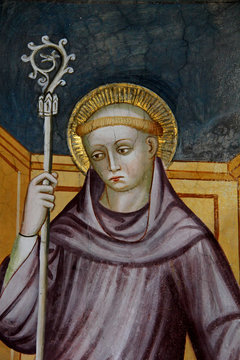 San Leonardo, abate; affresco della chiesa romanica di San Martino in Campiglio presso Bolzano