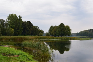 Fototapeta na wymiar Beautiful landscape. Lake, forest, shore, sky. Reflection in water.