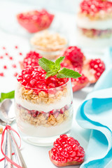 Pomegranate parfait - sweet organic layered dessert with granola flakes, yogurt and red ripe fruit seeds.