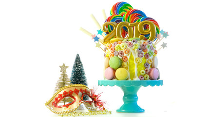 Happy New Year's candy land lollipop drip cake with 2019 candles on white background.