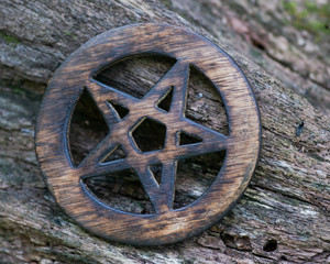Wooden encircled pentagram symbol on fibrous tree bark in the forest. Five elements: Earth, Water,...