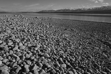 sky, landscape, nature, beach, land, sea, road, summer, stone, desert, horizon, blue, stones, ground, water, rural, dry, rocks, coast, new zealand, black and white