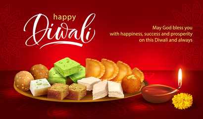 Happy Diwali background with clay diya and traditional sweets – laddu, gulab jamun, gujiya, halwa, barfi. Vector illustration. 
