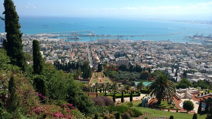 Haifa bay, Haifa downtown and the Bahai shrine are seen from the Bahai Gardens, in Israel.