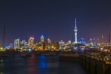 Fototapeta na wymiar Night View to Auckland New Zealand from Westhaven Boats Marina