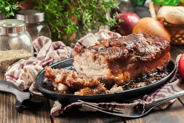 Still hot baked pork belly or bacon