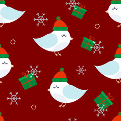 Winter Birds in a Hat with the Present Seamless Pattern