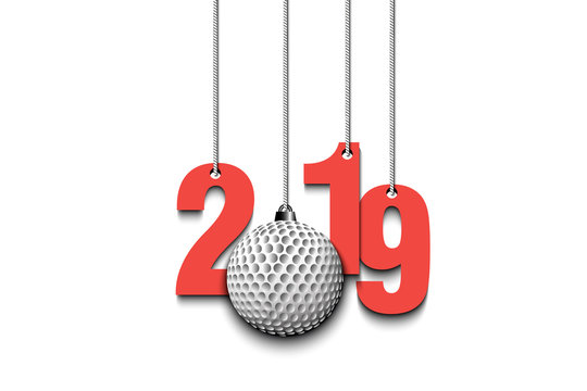 2019 New Year and golf ball hanging on strings