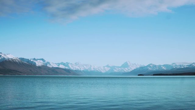 View of Mount cook and Lake Pukaki, New Zealand with movement in the water