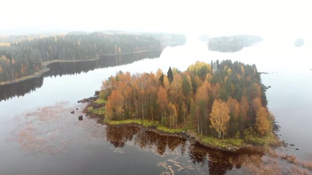 Aerial, tilt down, drone shot, flying over a island, full of autumn colors,, on a foggy, misty and cloudy, fall day, at lake Pielinen, in Nurmes, North Karelia, Finland