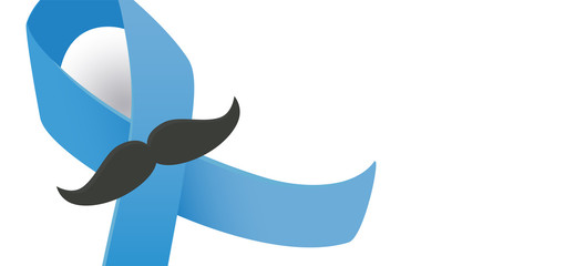 Blue ribbon with mustache vector. Prostate cancer and diabetes awareness month ribbon isolated on white background.