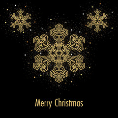 Illustration of christmas greeting card or invitation with decorative snowflakes and golden confetti on black background