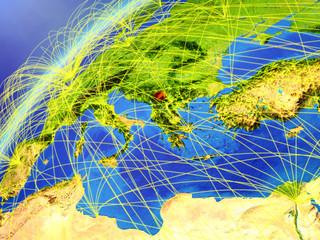 Kosovo on model of planet Earth with international networks. Concept of digital communication and technology.