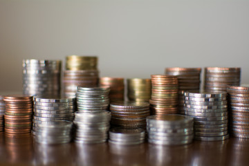 Coins stacked on the table.