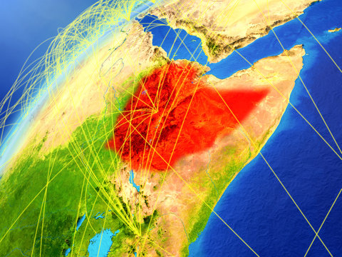 Ethiopia on model of planet Earth with international networks. Concept of digital communication and technology.