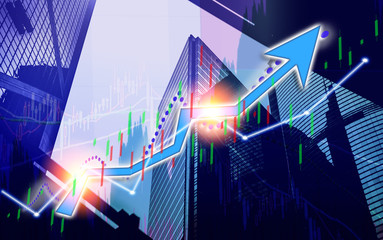 Stock market chart shown in financial building, business background. (blue bull chart)
