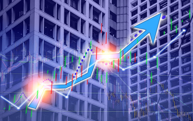 Stock market chart shown in financial building, business background. (blue bull chart)