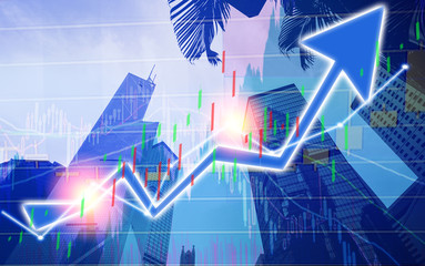 Stock market chart shown in financial building, business background. (blue bull chart)