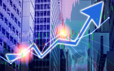 Stock market chart shown in financial building, business background. (blue bull chart)