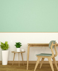 Workplace or dining on white ceramic wall and green wall decorate in home or apartment - Interior simple design - Working room for residence artwork - 3D Rendering