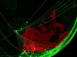 Canada on green model of planet Earth with network at night. Concept of green technology, communication and travel.