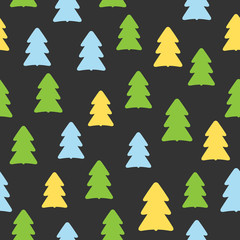 Repeating coloured silhouettes of Christmas trees. Simple New Year seamless pattern.