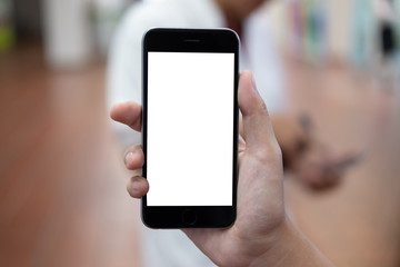 Close up Woman hand Using a Smart Phone with blank screen at shopping mall.