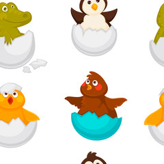 Animals born from eggs, eggshells and reptiles seamless pattern vector.