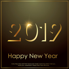 Happy New Year or Christmas greeting card with gold text. Vector