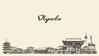 Kyoto skyline, Japan vector city drawn sketch