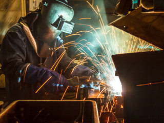 Industrial Worker at the factory welding