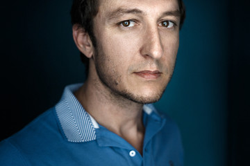 Headshot Portrait Of Handsome Real Strong Man. Creativity Concept