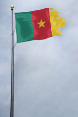 Worn and tattered Cameroon flag blowing in the wind on a cloudy day