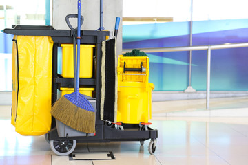 Closeup of cleaning equipment and tools for floor cleaning at the airport. 