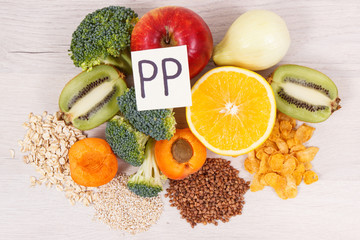 Natural products containing vitamin PP, dietary fiber and minerals, healthy nutrition concept
