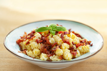 Pasta carbonara with Bacon, eggs and Parmesan Cheese.