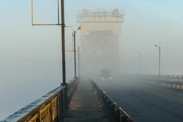 Foggy morning on a bridge in Kremenchug, Ukraine