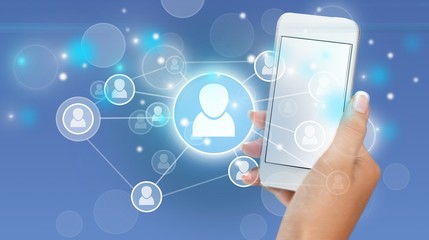 Female Hand holding smartphone with social icons