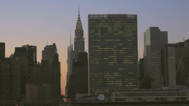 Manhattan Skyline at Sunset, Chrysler Building, United Nations Building