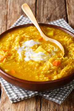 Delicious thick Mulligatawny soup of red lentils, rice and spices close-up in a bowl. vertical