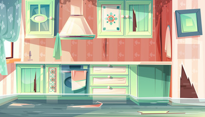 Vector cartoon background with provence room, the flood in dirty kitchen. Leak of water, black mould on walls, disaster at home. Retro style of wooden furniture, vintage flat with stove, cupboard.