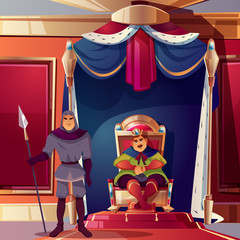Vector throne room with king and his severe guard. Background with castle hall, royal canopy with fur. Interior of ballroom with armed security. Luxury medieval palace for game backdrop. © vectorpouch