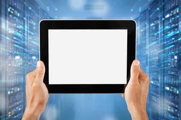 Hands Holding Digital Tablet with White Screen