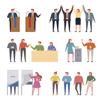 Politicians and citizens voting during the election season. flat design style vector graphic illustration