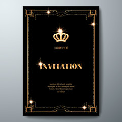 VIP invitation template with golden crown and art deco frame on black background