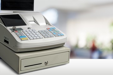 Cash register with LCD display on background